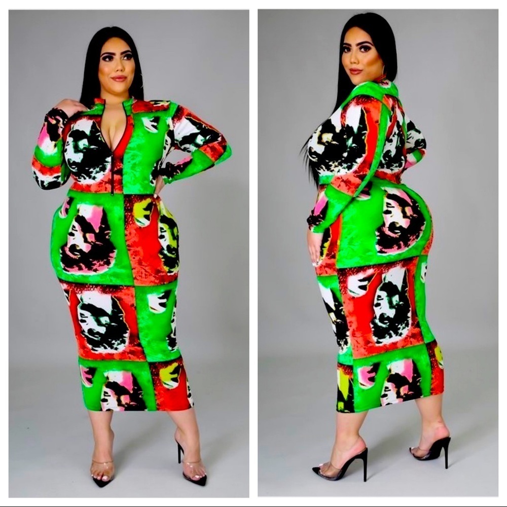 J. Elise Boutique Plus Size Neon Multi Color Graphic Long Midi Maxi Sleeve Dress